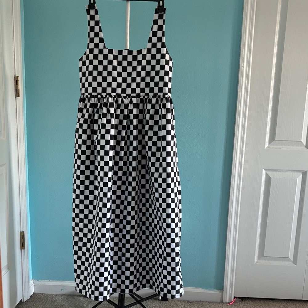 Checkerboard Square-Neck Maxi Dress in Black & White